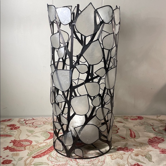 Capiz White Shell Leaf Black Metal Cylinder Open Tall Candle Holder 1/2 - Picture 1 of 15